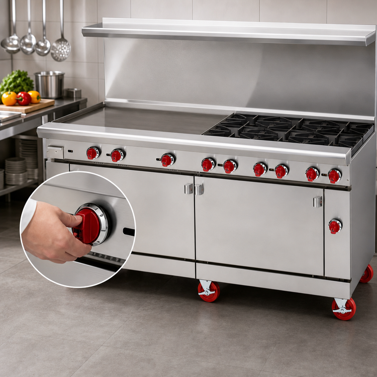Product image #4 for American Range 72-Inch Commercial Gas Range with 36-Inch Griddle, 6 Open Burners, Convection Oven, and Storage Base