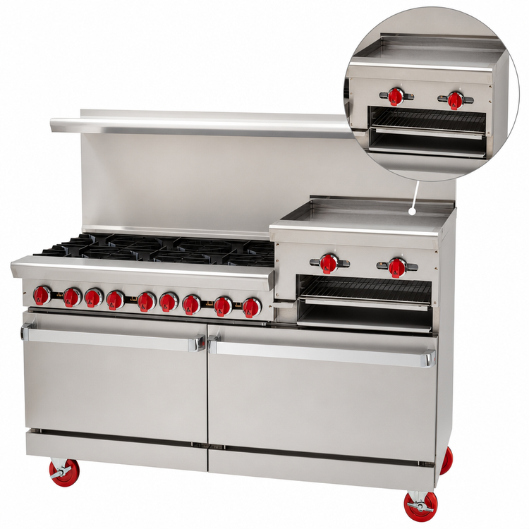 Product image #4 for American Range 72-Inch Gas Restaurant Range with 8 Open Burners, Right-Side 24-Inch Griddle/Broiler, and 2 Standard Ovens