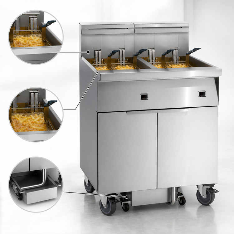 Product image #4 for Electric Floor Fryer with 3 Tanks, 50 lb. Capacity Each, Built-In Space Saver Filter System