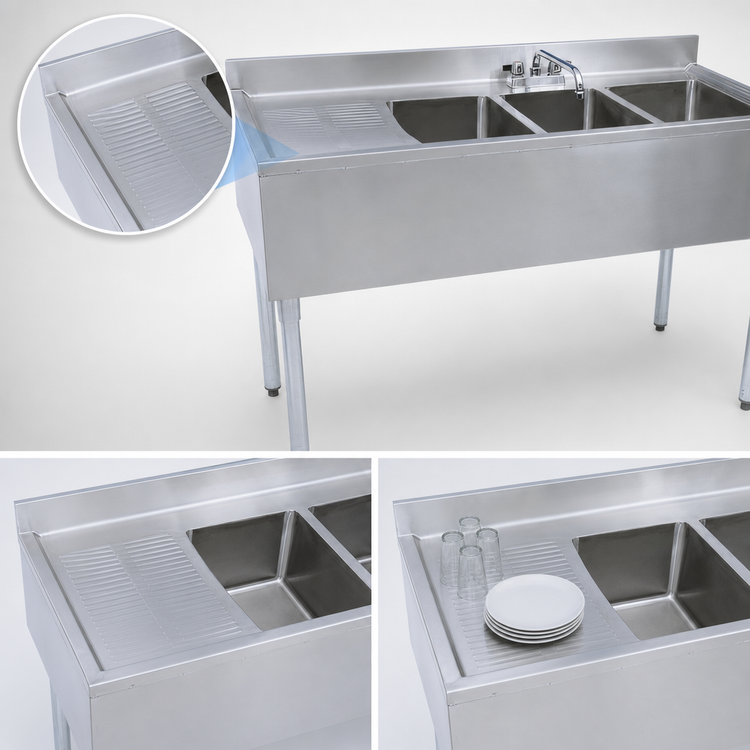 Product image #4 for BK Resources Three-Compartment Underbar Sink with Left Drainboard, Faucet, and Backsplash