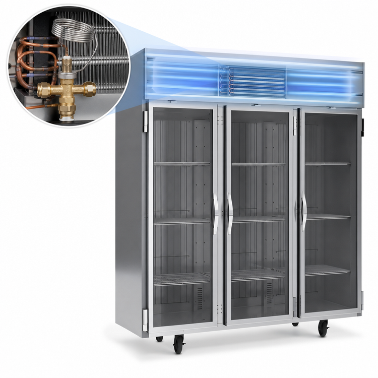 Product image #4 for Beverage-Air Horizon Series HF3HC-1G Three-Section Glass Door Reach-In Freezer, 69.1 Cu. Ft., Top-Mounted Self-Contained
