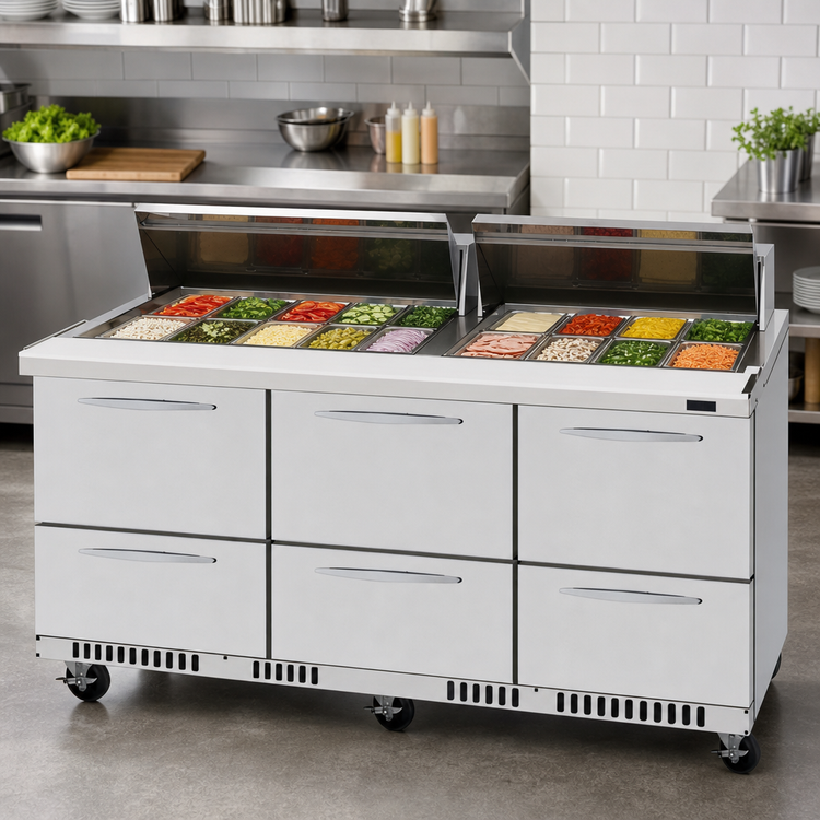 Product image #4 for Turbo Air PRO Series 72-5/8-Inch Three-Section Mega Top Sandwich/Salad Prep Table with 6 Drawers