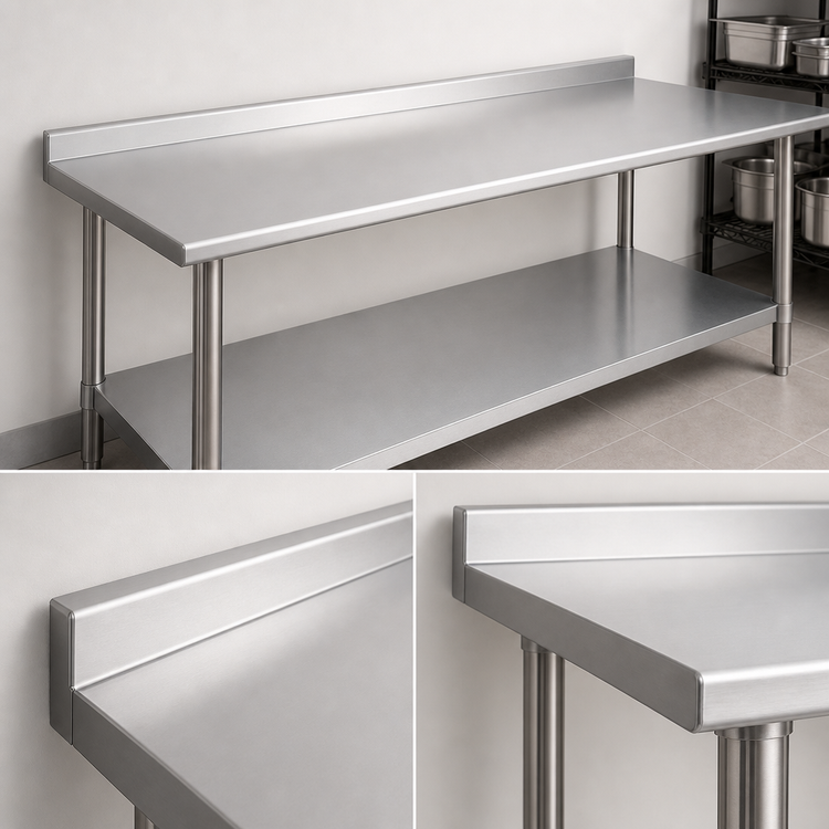 Product image #4 for Duke 144-Inch x 30-Inch 16 Gauge 400 Series Stainless Steel Work Table with 1-1/8-Inch Straight Riser and Galvanized Undershelf