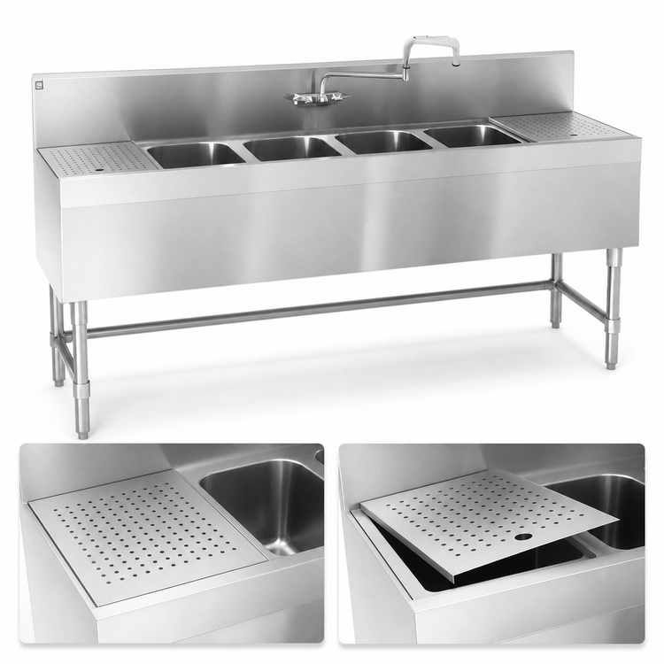 Product image #4 for Eagle Group Spec-Bar Four-Compartment Underbar Sink with Left & Right Drainboards, 96" W x 24" D