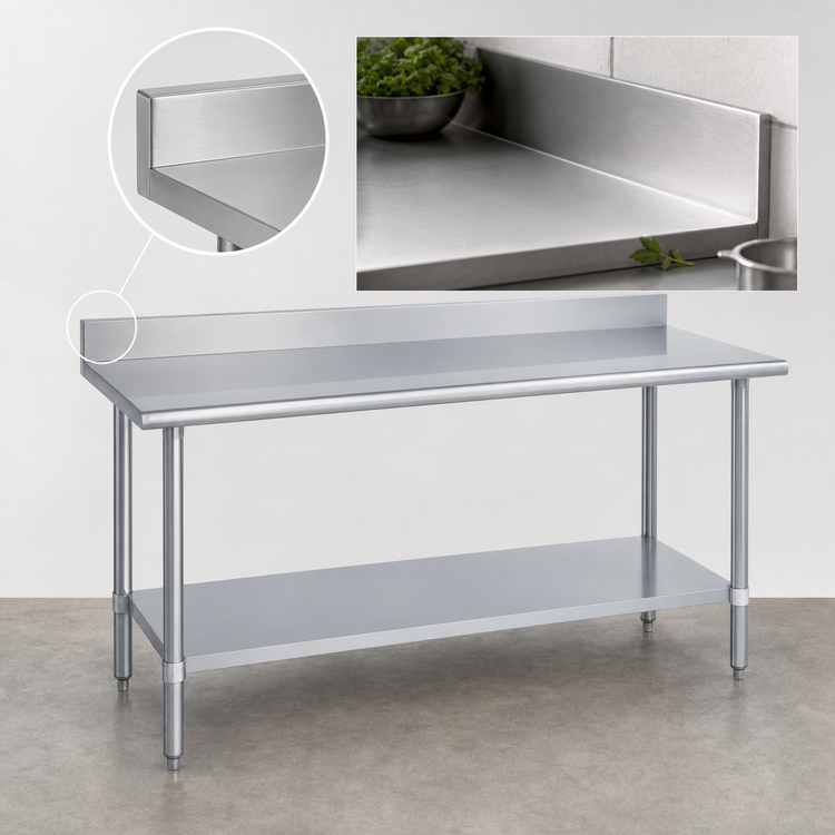 Product image #4 for Duke 84 Inch x 36 Inch 14-Gauge 300 Series Stainless Steel Work Table with 5 Inch Riser and Galvanized Undershelf