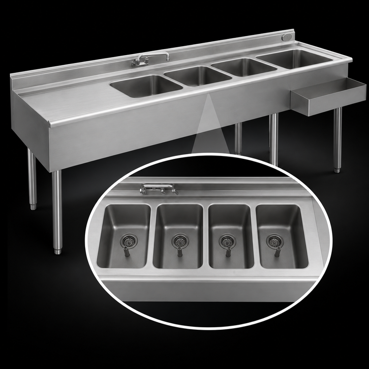 Product image #4 for Eagle Group 2200 Series 96-Inch Underbar Combination Unit with 4 Sink Bowls, Left Ice Bin and Speed Rail