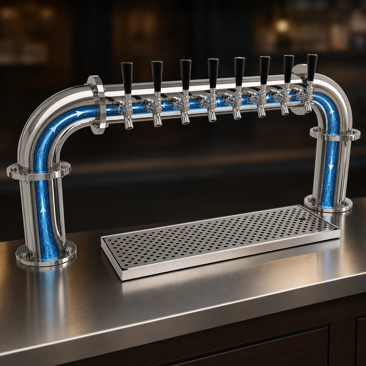 Product image #4 for Glastender Countertop Pipe Pass-Thru Glycol-Cooled Draft Dispensing Tower with 8 Faucets, 2 Columns, Mirror Finish