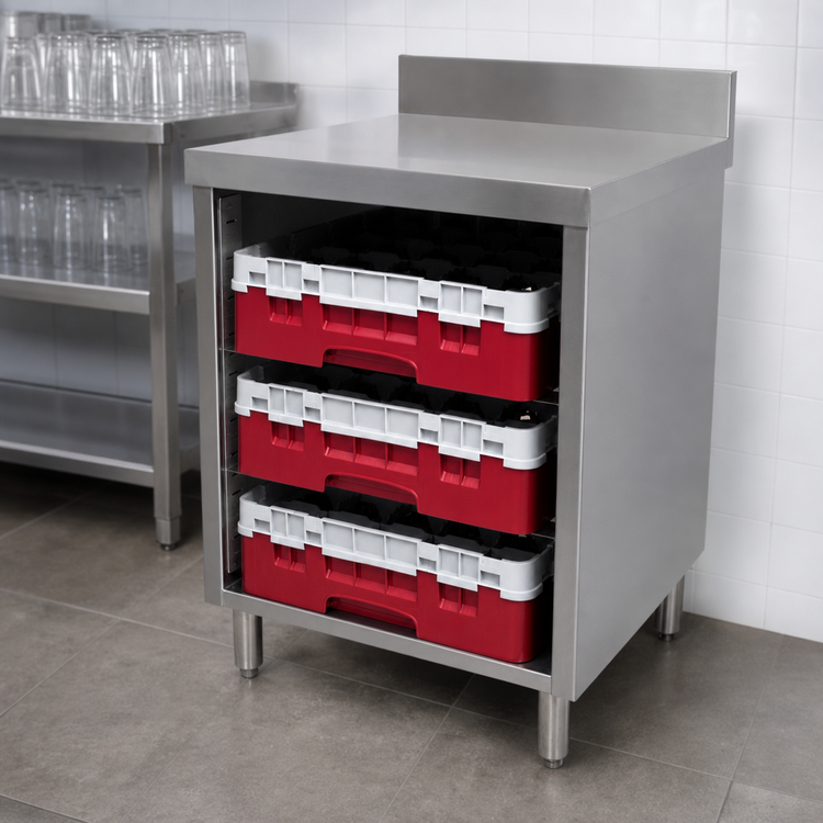 Product image #4 for Advance Tabco Underbar Basics Closed Stainless Steel Glass Rack Cabinet with Flat Top and 4 Inch Backsplash, 24 Inch W x 21 Inch D x 33 Inch H