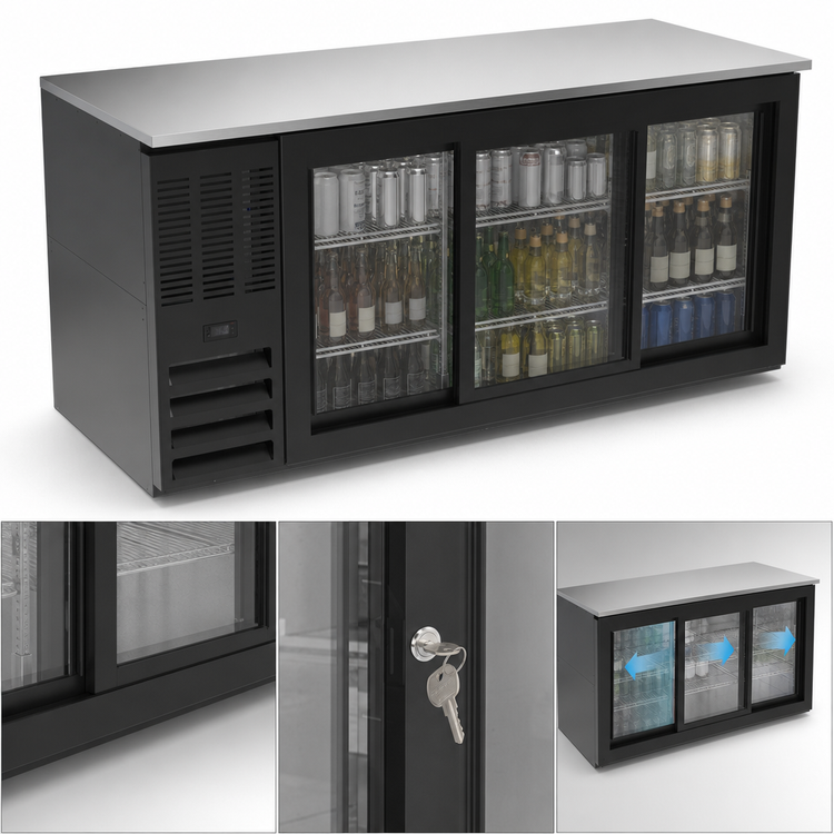 Product image #4 for Beverage-Air Three-Section Back Bar Refrigerator with Sliding Glass Doors, 72 Inch, Black Exterior, Stainless Steel Top