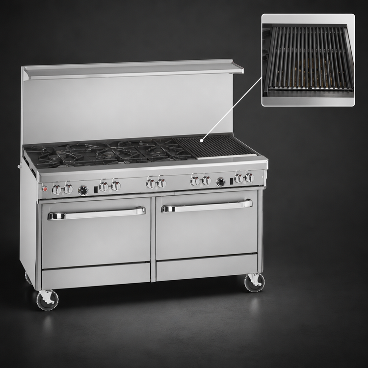 Product image #4 for Southbend Ultimate 60-Inch Gas Restaurant Range with 5 Burners, 24-Inch Charbroiler, Standard Oven, and Cabinet Base