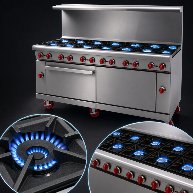 Product image #4 for American Range 72-Inch Gas Restaurant Range with 12 Open Burners, Left Standard Oven, and Right Storage Base