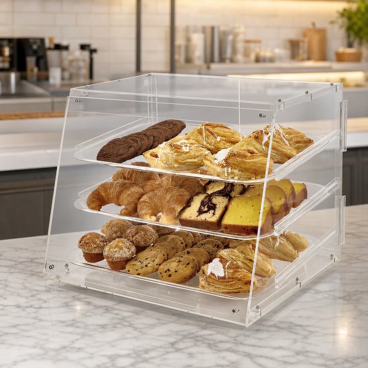 Product image #4 for Winco Countertop Acrylic Pastry Display Case with Rear Door and 3 Trays, 21 x 18 x 16-1/2 Inches