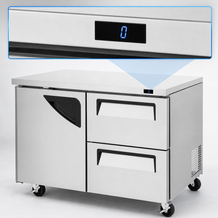 Product image #4 for Turbo Air Super Deluxe Two-Section Undercounter Refrigerator, 48 1/4 Inch, 1 Door, 2 Drawers, Rear-Mount Self-Contained