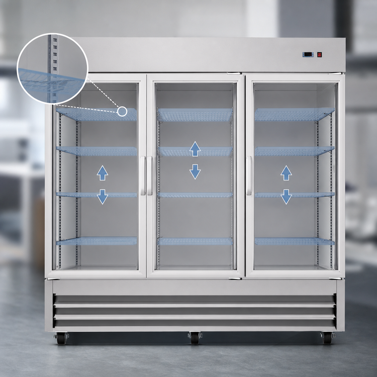 Product image #4 for KoolMore 81-Inch Three-Section Glass Door Reach-In Refrigerator, 72 Cu. Ft., Bottom-Mount Self-Contained