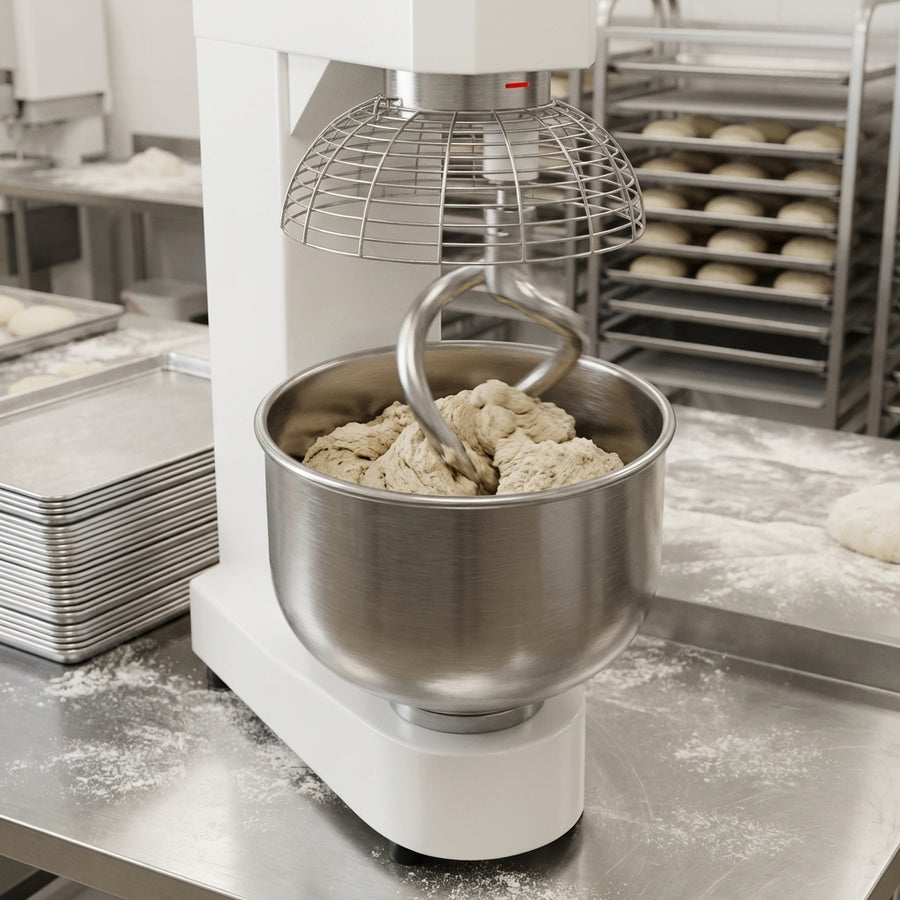 This mixer is shown powering through heavy dough to highlight its strong 7.5 HP motor.