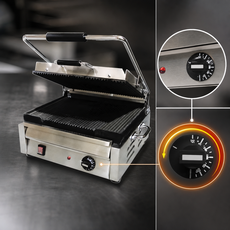 Product image #4 for Commercial Single Countertop Panini Press with Grooved Cast Iron Plates, 12 x 15 Inch Surface