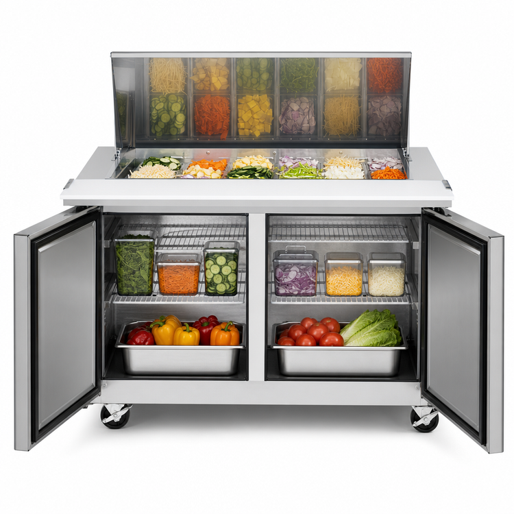 Product image #4 for Turbo Air Super Deluxe 48-Inch 2-Section Sandwich/Salad Mega Top Refrigerated Prep Table with 18-Pan Opening