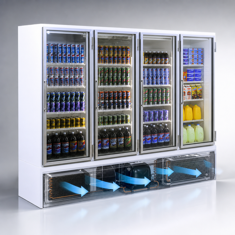 Product image #4 for Howard-McCray 102 Cu. Ft. Four-Section Glass Door Merchandiser Refrigerator, Bottom Mount, 4 Hinged Doors