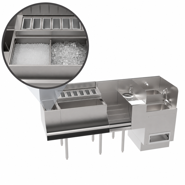 Product image #4 for Krowne The Taffer Command Station 66-Inch No Cold Plate Underbar Command Station with Ice Bin, Speed Station, Hybrid Dual Sink, and Speedrail