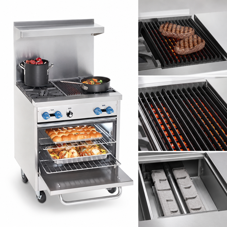 Product image #4 for Comstock-Castle 30-Inch Commercial Gas Range with 2 Open Burners, 18-Inch Char-Broiler, and 26.5-Inch Standard Oven