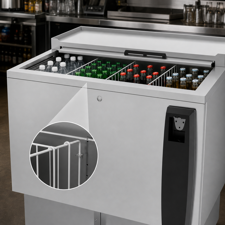 Product image #4 for Beverage-Air 34-Inch Flat Top Shallow Well Bottle Cooler with Sliding Lid, 6.7 Cu. Ft., Stainless Steel Exterior