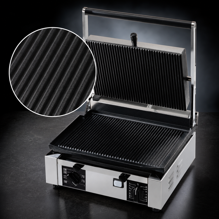 Product image #4 for Univex PPRESS1.5R Single Countertop Panini Press with Ribbed Cast Iron Plates and Timer
