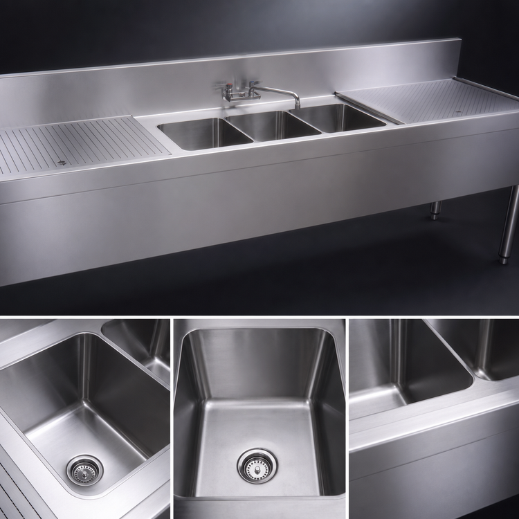 Product image #4 for Glastender Three-Compartment Underbar Sink Unit with Dual Drainboards, 96-Inch x 24-Inch