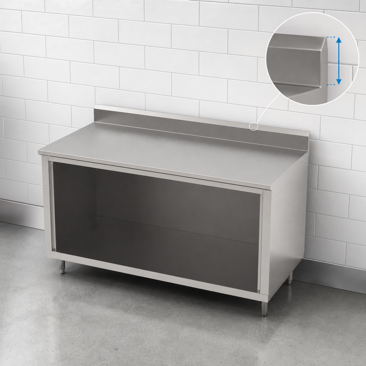 Product image #4 for John Boos 84 Inch x 36 Inch Stainless Steel Work Table with Cabinet Base, Open Front, 5 Inch Backsplash, and Stallion Safety Edge