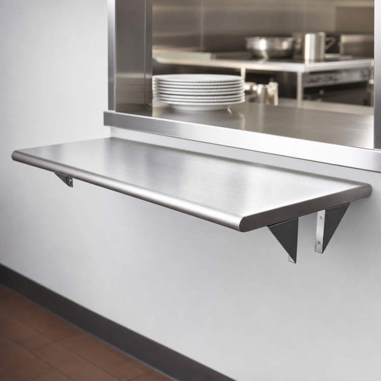 Product image #4 for BK Resources 120" x 24" Pass Through Shelf with 8" Max Wall Thickness and 304 Stainless Steel Top