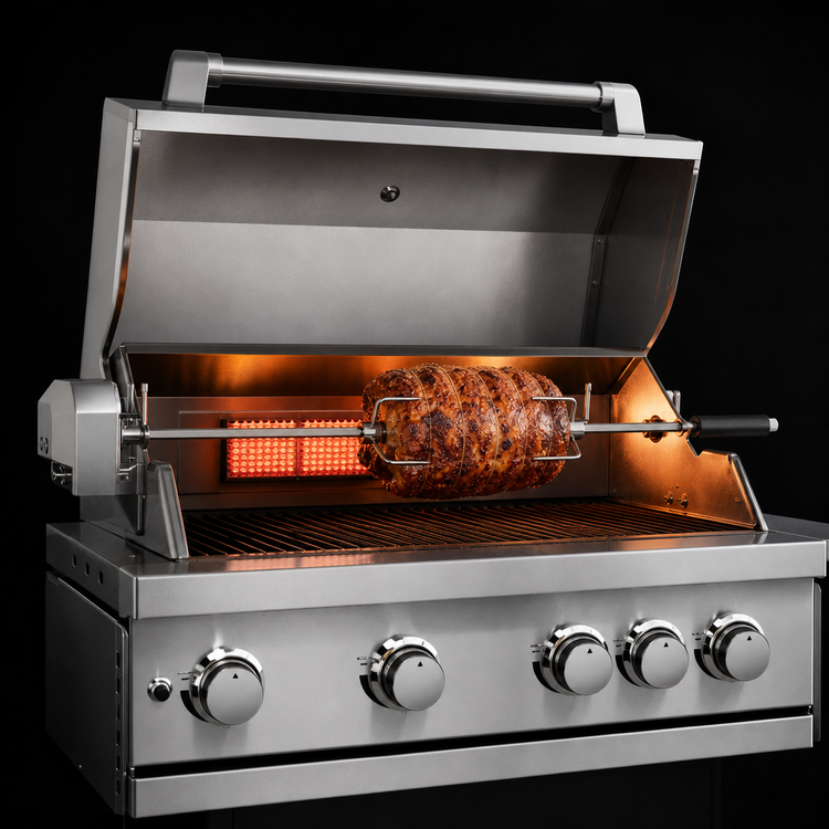 Product image #4 for Outdoor Propane BBQ Grill/Charbroiler with 5 Burners, Infrared Rear Burner, and Rotisserie Kit