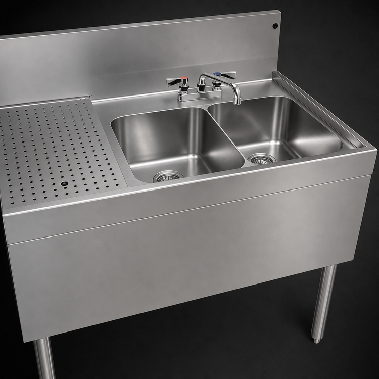 Product image #4 for Glastender Stainless Steel Two-Compartment Underbar Sink with Left Drainboard, 36 Inch W x 24 Inch D