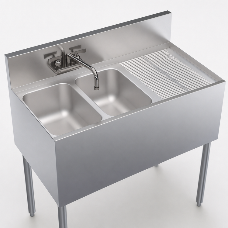 Product image #4 for Krowne Royal Series Two-Compartment Underbar Sink Unit with Right Drainboard, Swing-Spout Faucet, and 10-Inch Deep Bowls, 36 Inch x 19 Inch