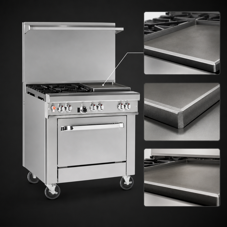 Product image #4 for Southbend Ultimate 36-Inch Gas Restaurant Range with 1/2-Inch Thermostatic Griddle, Cabinet Base, and Backriser Shelf