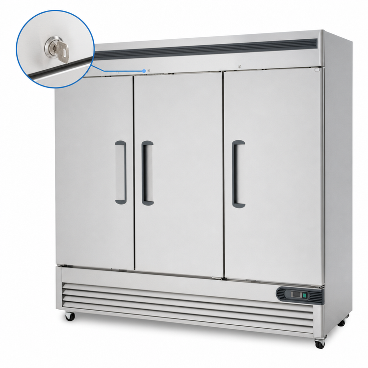 Product image #4 for Migali Competitor Series 3-Section Reach-In Refrigerator, Bottom-Mount Self-Contained, Solid Hinged Doors, Stainless Steel, 72 Cu. Ft.