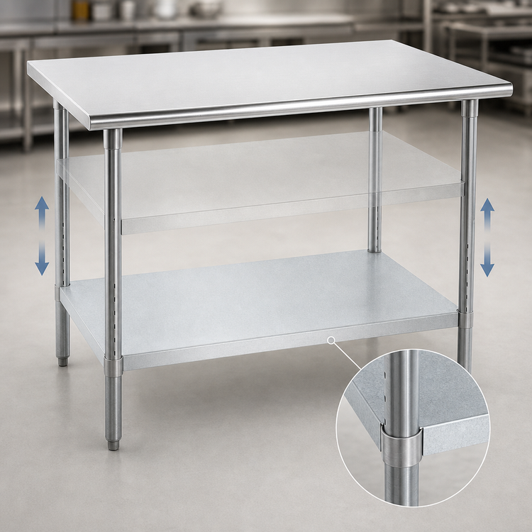 Product image #4 for Advance Tabco 144"W x 30"D 16-Gauge 304 Stainless Steel Work Table with Adjustable Undershelf