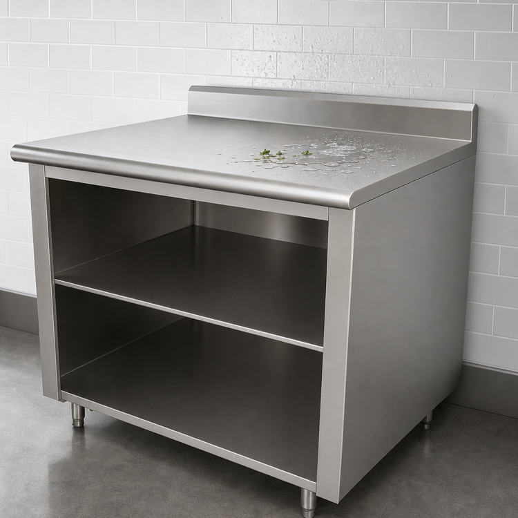 Product image #4 for Advance Tabco 96-Inch x 30-Inch Stainless Steel Work Table with Open Front Cabinet Base, Mid-Shelf, and 5-Inch Backsplash