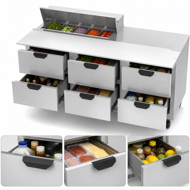 Product image #5 for Beverage-Air 72-Inch Three-Section Refrigerated Sandwich Prep Table with 6 Drawers