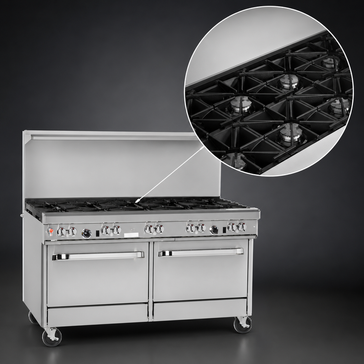 Product image #4 for Southbend Ultimate 60-Inch Gas Restaurant Range with 8 Open Burners, Standard Oven, Cabinet Base, and Backriser with Hi-Shelf