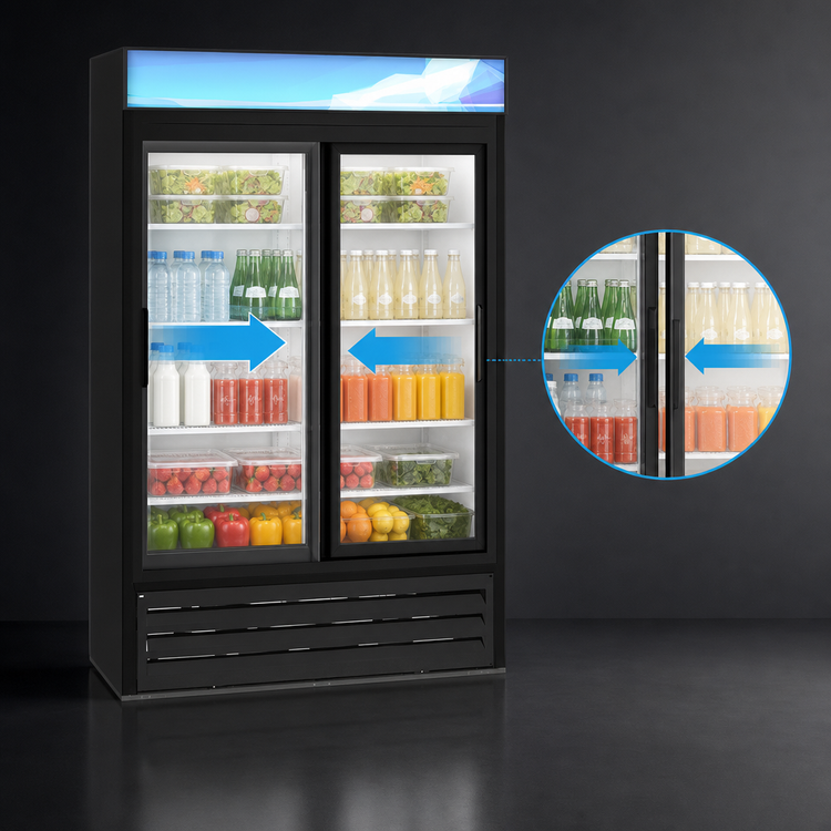 Product image #4 for Hoshizaki 38.26 Cu. Ft. Two-Section Glass Door Merchandiser Refrigerator with Sliding Doors, Black