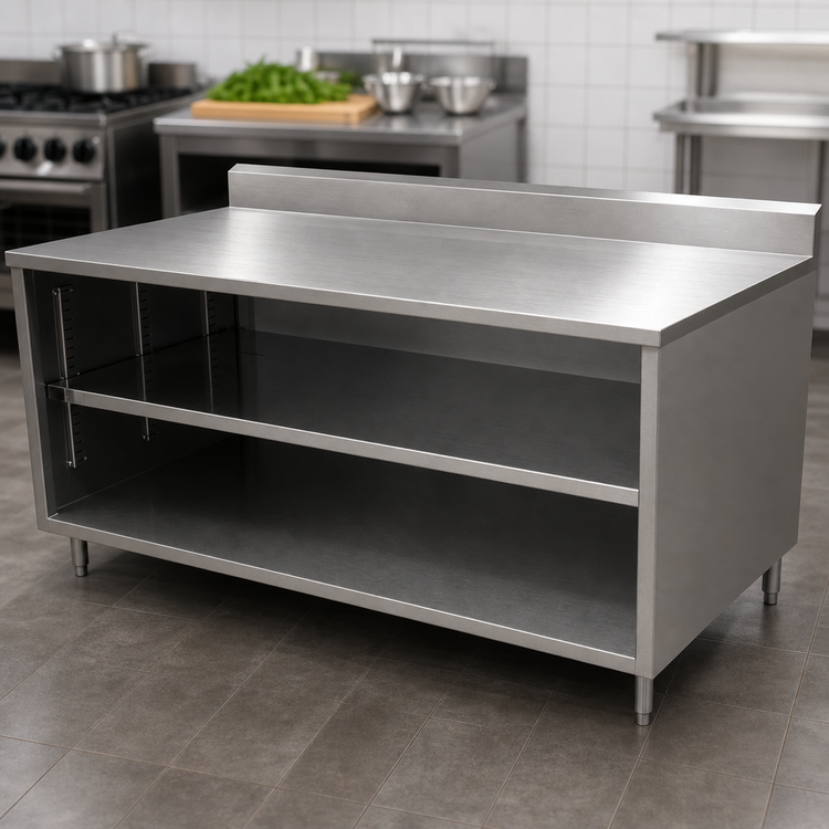 Product image #4 for BK Resources 72-Inch x 24-Inch Stainless Steel Chef Table with 5-Inch Back Riser, Open Front Cabinet Base