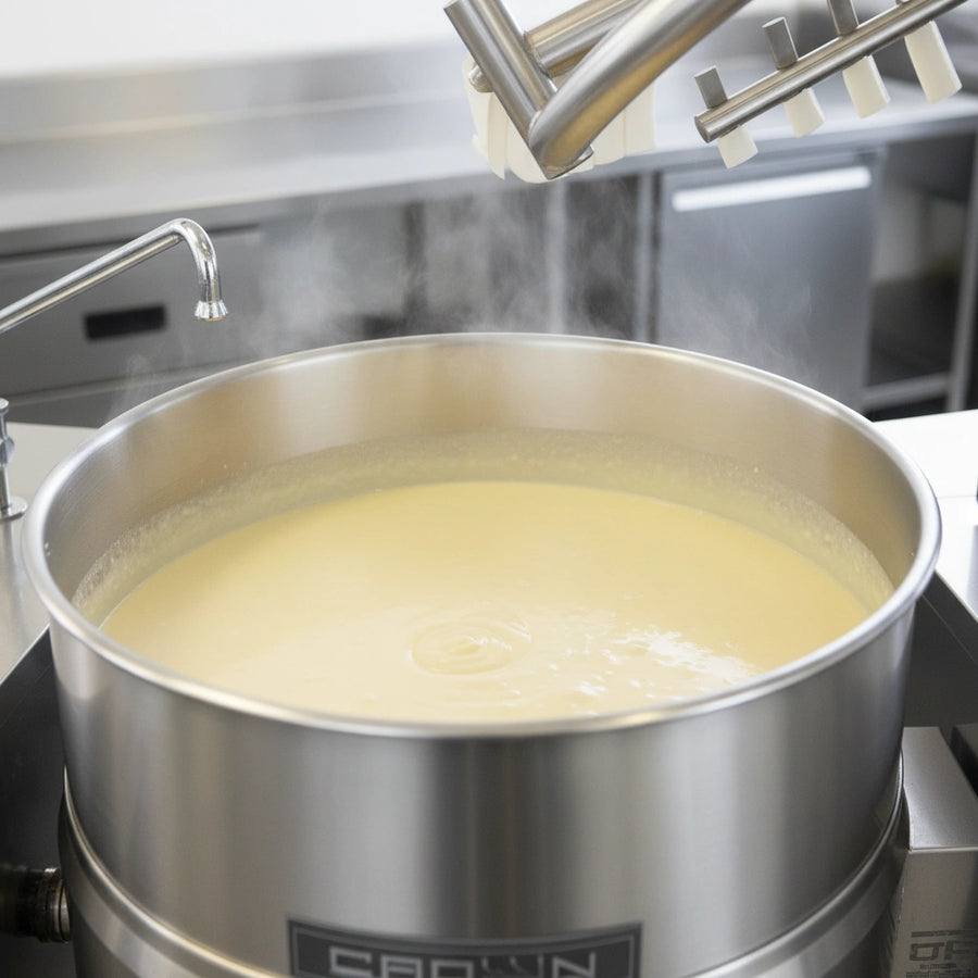 Experience perfectly even cooking and scorch-free results for delicate products with the 60-gallon tilting mixer kettle's efficient 2/3 steam jacket.