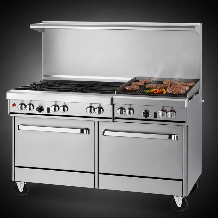 Product image #4 for Southbend Ultimate 60-Inch Gas Restaurant Range with 6 Open Burners, 24-Inch Charbroiler, Standard Oven, and Cabinet Base