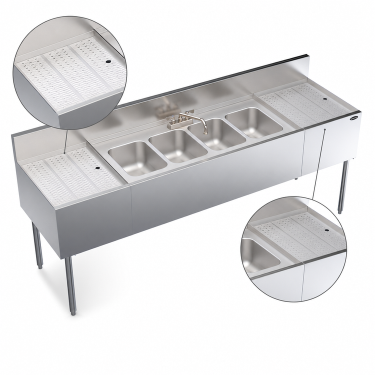 Product image #4 for Krowne Royal Series 84" Four-Compartment Underbar Sink Unit with 18" Drainboards and Deck-Mount Faucet
