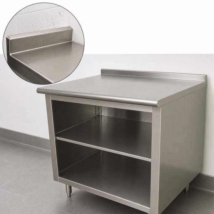 Product image #4 for Advance Tabco 120-Inch x 30-Inch Underbar Work Table with Open Front Cabinet Base, Mid-Shelf, and 1-1/2-Inch Rear Up-Turn