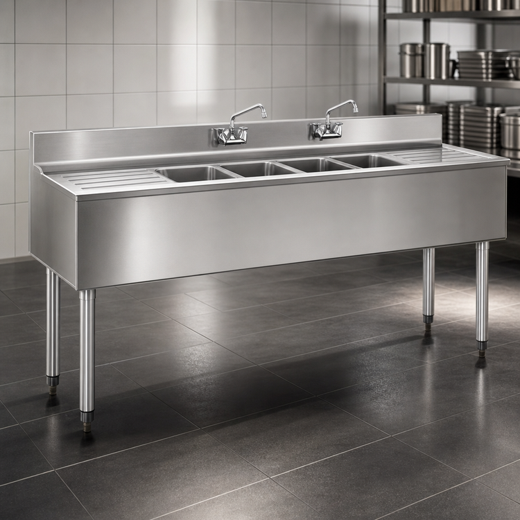 Product image #4 for Eagle Group 2200 Series 72-Inch Four-Compartment Underbar Sink Unit with Left and Right Drainboards and Dual Faucets