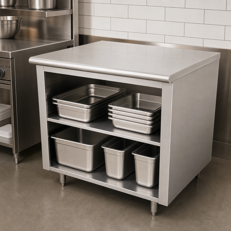 Product image #4 for Advance Tabco 36" x 24" Open Front Cabinet Base Work Table with Mid-Shelf, 14-Gauge 304 Stainless Steel Top