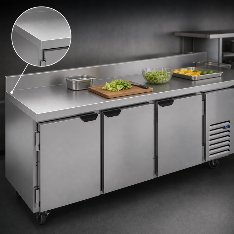 Product image #4 for Beverage-Air Three-Section Worktop Refrigerator with 3 Solid Doors, 93-Inch Stainless Steel Top, and 4-Inch Backsplash