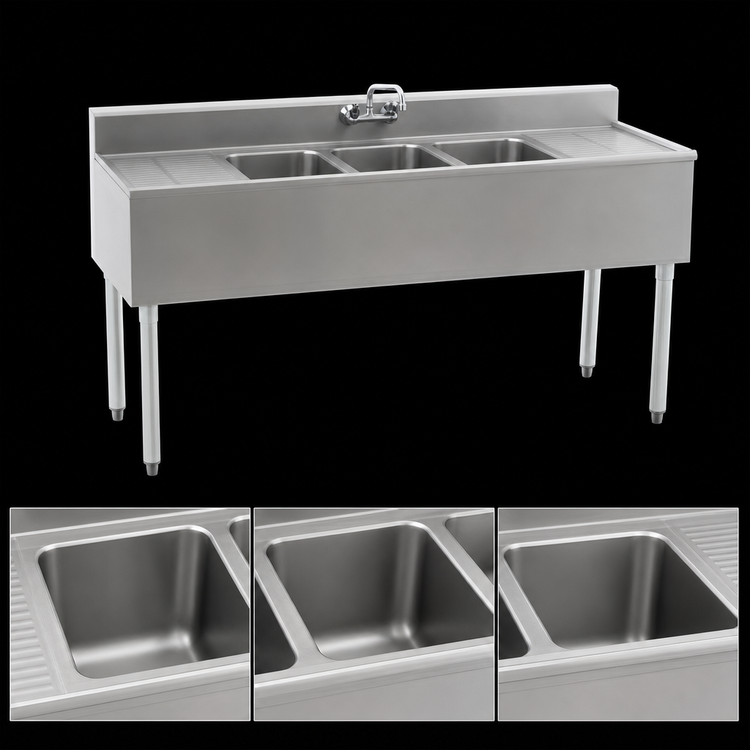 Product image #4 for Eagle Group 1800 Series Three-Compartment Underbar Sink Unit with Left and Right Drainboards, 60-Inch x 20-Inch