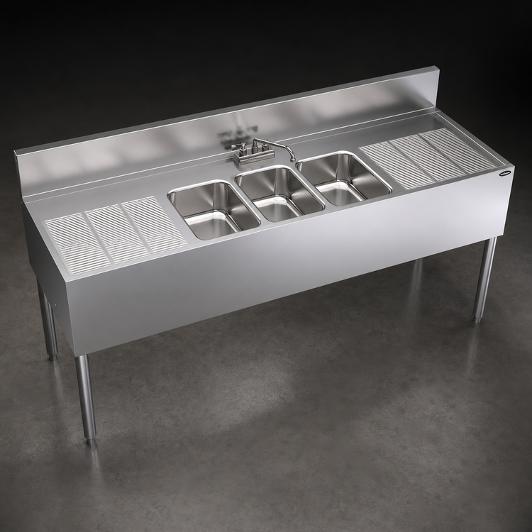 Product image #4 for Krowne Royal Series Three Compartment Underbar Sink Unit with Dual Drainboards and Deck-Mount Faucet, 72"W x 24"D