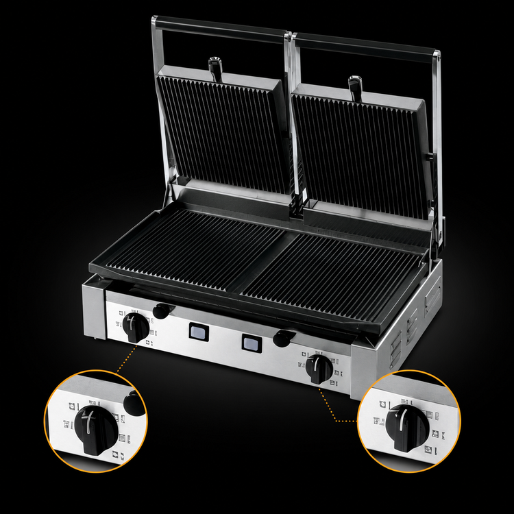 Product image #4 for Eurodib Double Countertop Panini Grill with Ribbed Cast Iron Plates, 208-240V